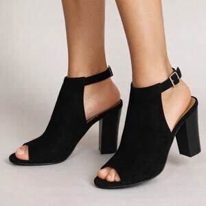 Lulus Budding Romance Black Peep Toe Slingback Block Heel Booties Size 8.5